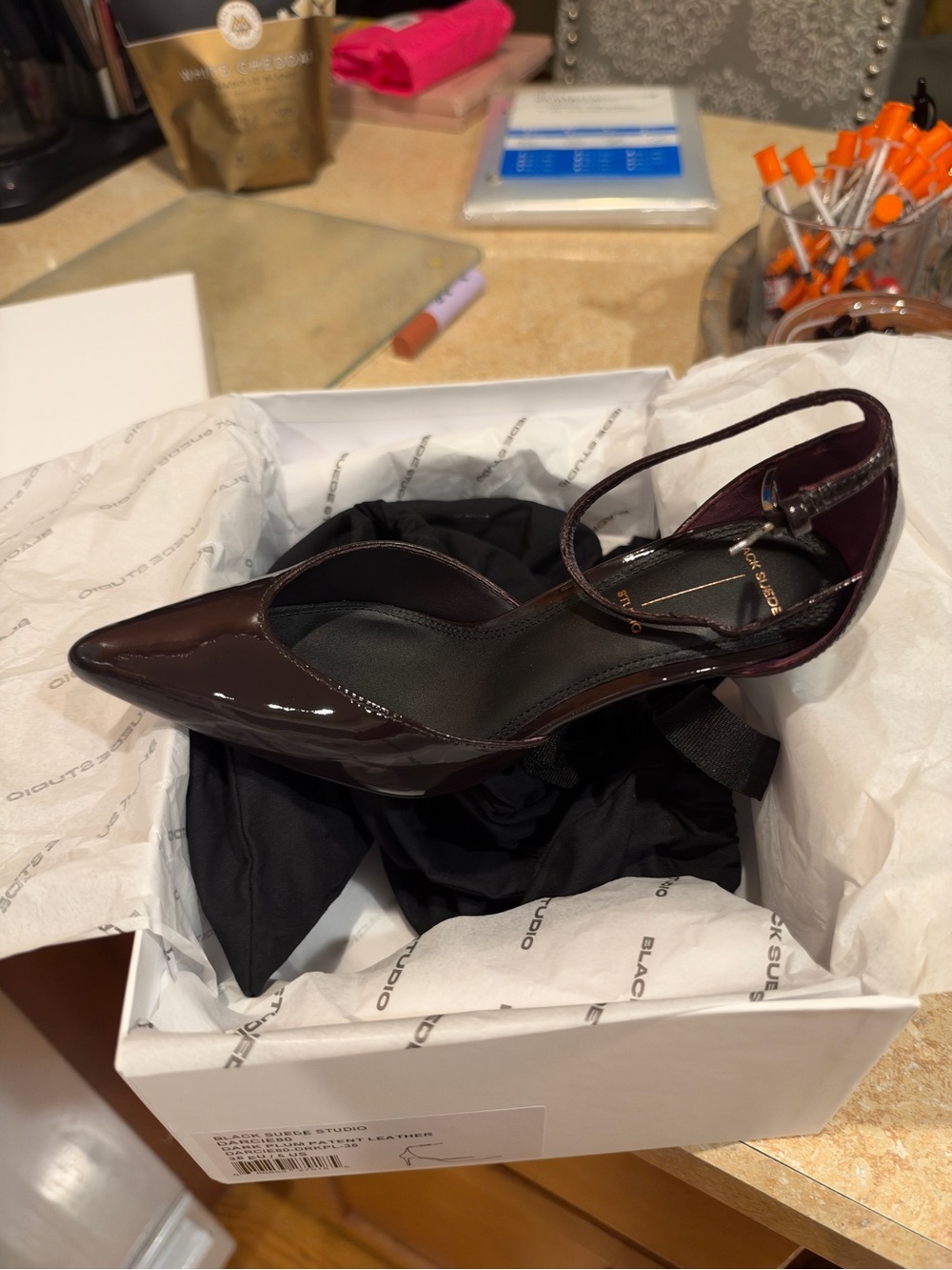 Womens Pointed Patent Leather Ankle-Strap Pump - plum